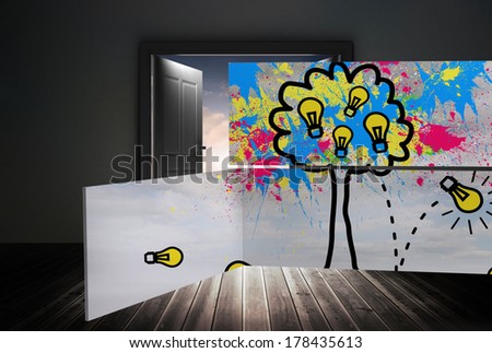 Light bulb tree on abstract screen against doors opening to reveal beautiful sky