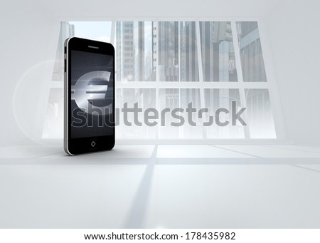 Euro sign on smartphone screen against bright white room with windows