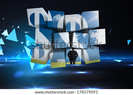 Businessman and dollar signs on abstract screen against small pyramids on technical background