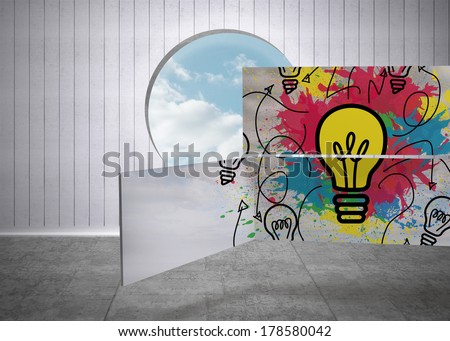 Light bulb and paint splashes on abstract screen against hole in wall to show sky