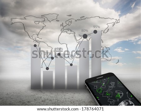 Brainstorm on smartphone screen against global statistic on sky background
