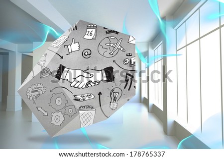 Handshake graphic on abstract screen against blue abstract design in room