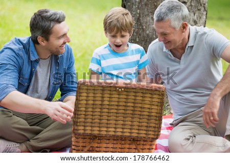 Grandfather Father And Son With Picnic Basket Sitting At The Park