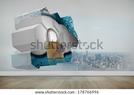 Lock and key on abstract screen against city scene in a room