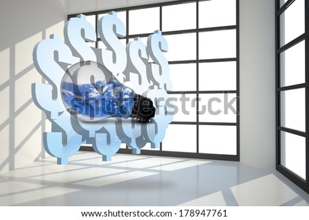 Water in lightbulb on abstract screen against room with a lot of windows