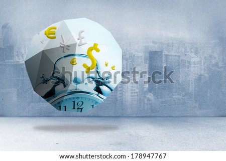 Time is money graphic on abstract screen against city scene in a room