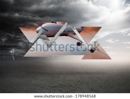 Airplane on abstract screen against ominous landscape