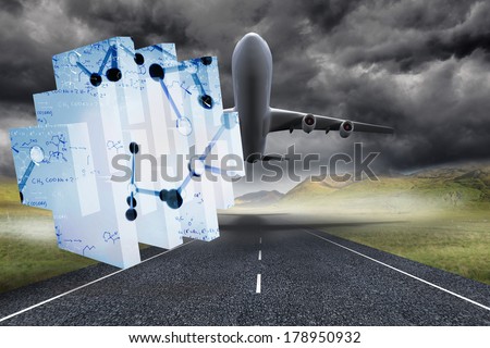Microscopic cells on abstract screen against 3d plane taking off over street