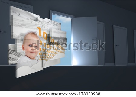 Genius baby on abstract screen against door opening in dark room to show sky