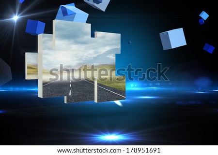 Open road on abstract screen against boxes on technical background