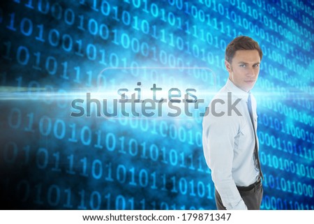The word sites and serious businessman with hand in pocket against shiny blue binary code on black background