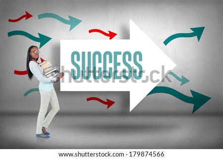 The word success and side view of young woman carrying a pile of books against arrows pointing
