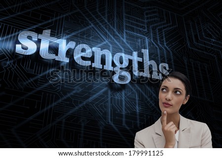 The word strengths and smiling businesswoman thinking against futuristic black and blue background