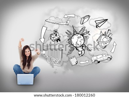 Digital composite of cheering girl using laptop with doodles