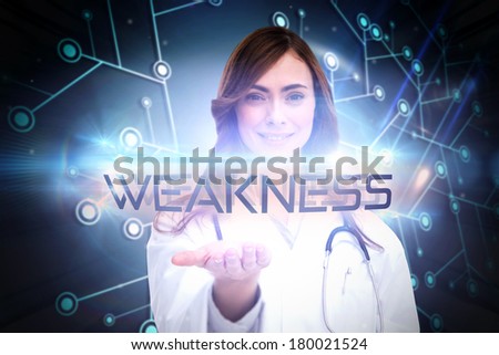 The word weakness and portrait of female nurse holding out open palm against black background with glowing network