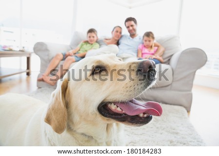 Happy family sitting on couch with their pet yellow labrador in foreground at home in the living room