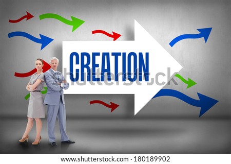 The word creation and serious businessman standing back to back with a woman against arrows pointing