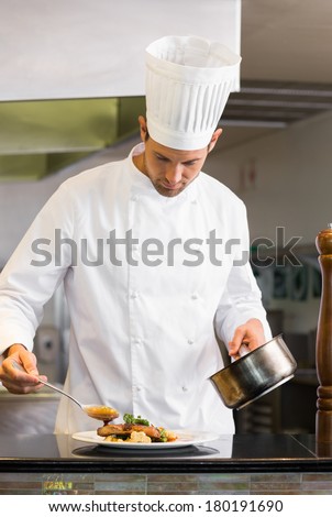 Portrait of a concentrated male chef garnishing food in the kitchen