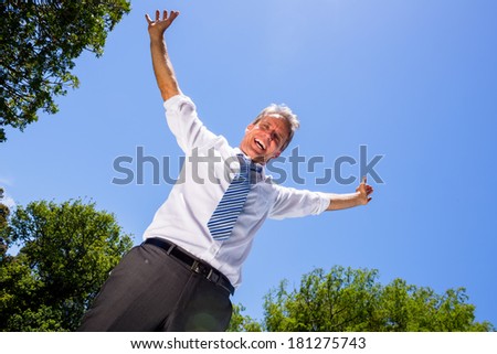 Portrait of successful businessman with arms outstretched standing against blue sky