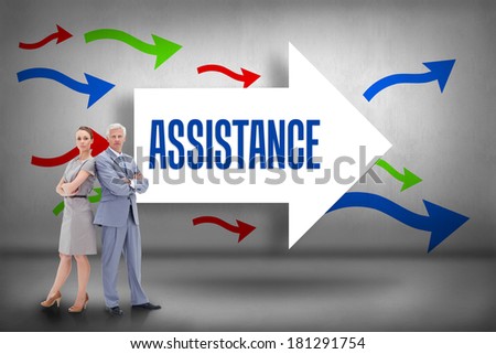 The word assistance and serious businessman standing back to back with a woman against arrows pointing
