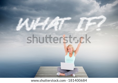 The word what if and joyful woman with a notebook against cloudy sky over ocean