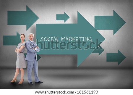 The word social marketing and serious businessman standing back to back with a woman against blue arrows pointing