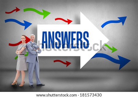 The word answers and serious businessman standing back to back with a woman against arrows pointing