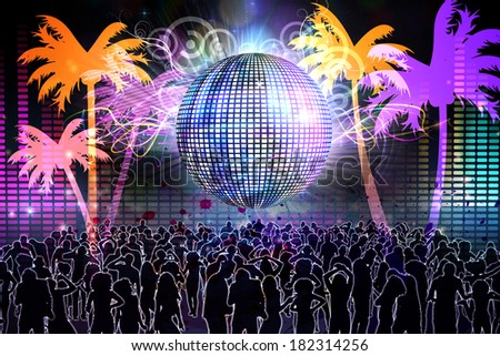 Digitally generated nightlife background with people dancing and disco ball