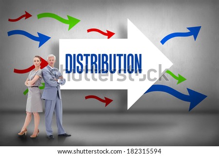The word distribution and serious businessman standing back to back with a woman against arrows pointing