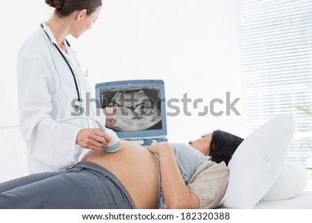 Doctor performing ultrasound on belly of pregnant woman in clinic