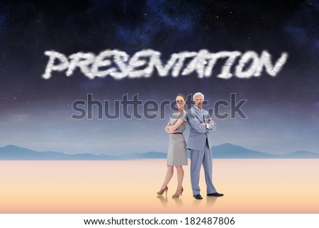 The word presentation and serious businessman standing back to back with a woman against serene landscape