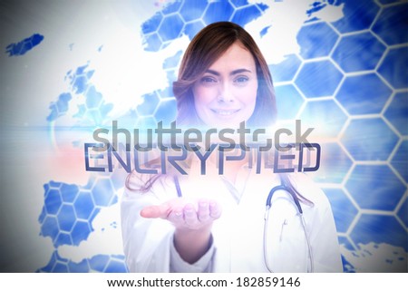 The word encrypted and portrait of female nurse holding out open palm against background with europa map