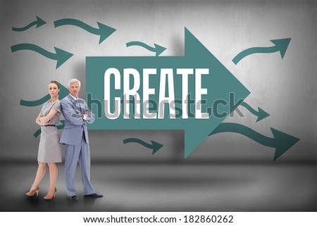 The word create and serious businessman standing back to back with a woman against arrows pointing