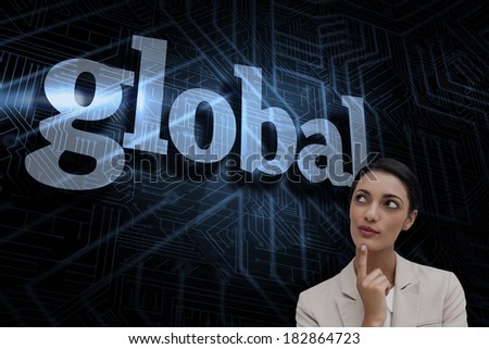 The word global and smiling businesswoman thinking against futuristic black and blue background