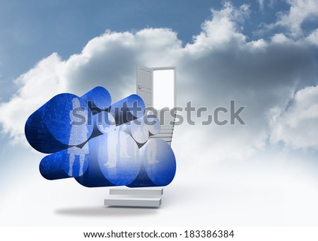 Digital business people on abstract screen against open door at top of stairs in the sky