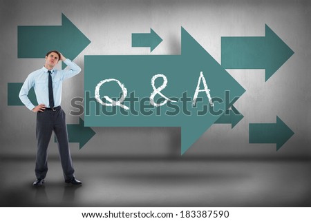 The word q & a and thoughtful businessman with hand on head against blue arrows pointing