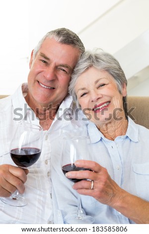 Senior couple sitting on couch having of red wine at home in living room