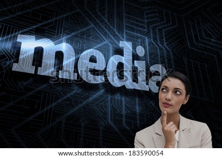 The word media and smiling businesswoman thinking against futuristic black and blue background