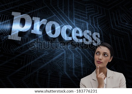 The word process and smiling businesswoman thinking against futuristic black and blue background