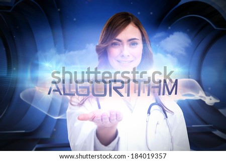 The word algorithm and portrait of female nurse holding out open palm against white cloud design on a futuristic structure