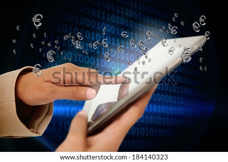 Digital composite of businesswoman touching tablet with euro signs