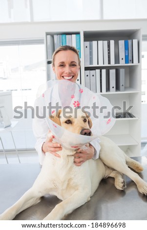 Portrait of female veterinarian with dog wearing medical collar in clinic