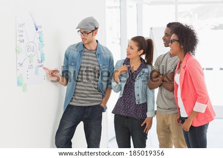 Group of artists in discussion in front of whiteboard at office