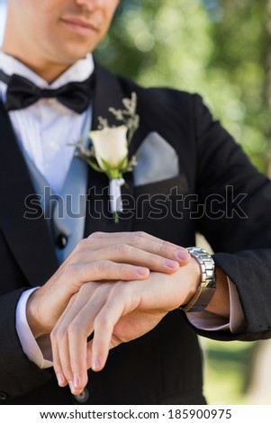 Midsection of bridegroom checking time in garden