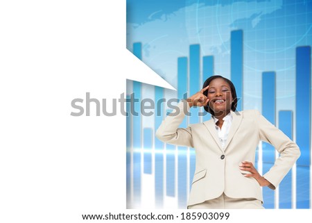 Thinking businesswoman with speech bubble against global business graphic in blue
