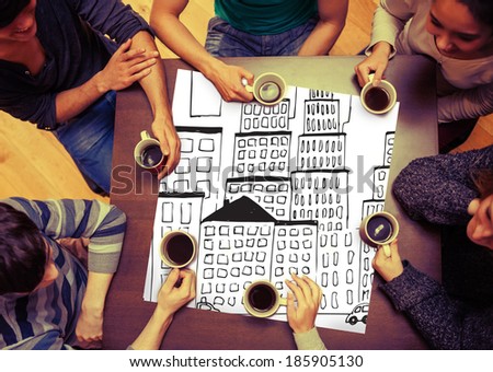 Composite image of city scene doodle on page with people sitting around table drinking coffee