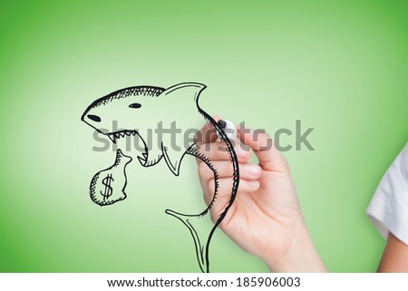 Composite image of businesswoman drawing loan shark against green vignette