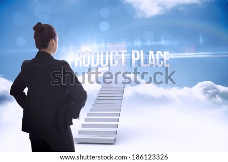 The word product place and businesswoman with hands on hips against shut door at top of stairs in the sky