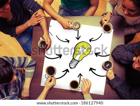 Composite image of idea doodle on page with people sitting around table drinking coffee