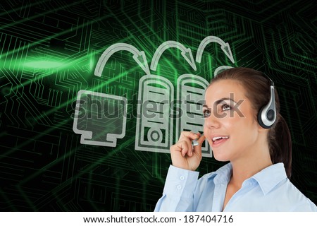 Composite image of computer connection and call centre worker against green and black circuit board